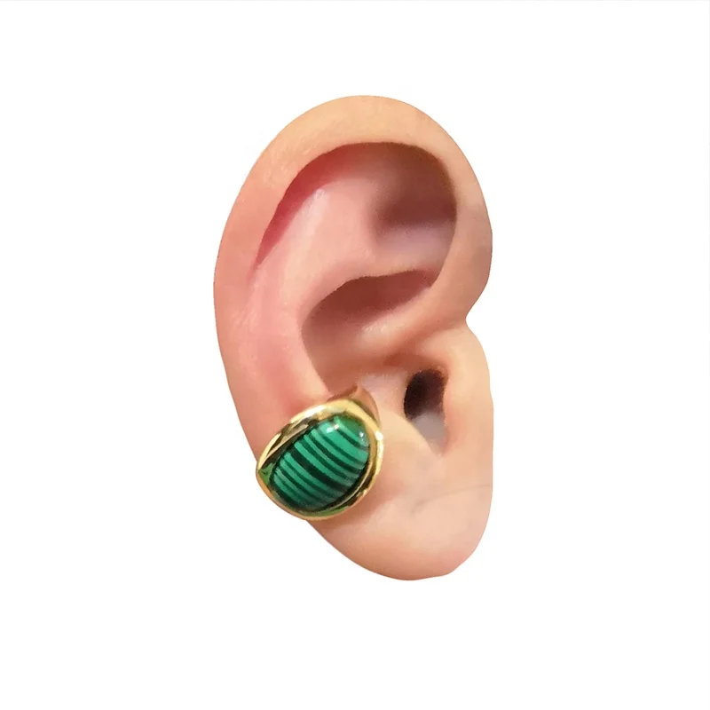 18K Gold Plated Brass Jewelry Natural Malachite Green Stone Ear Clip Accessories Single Earrings E211330