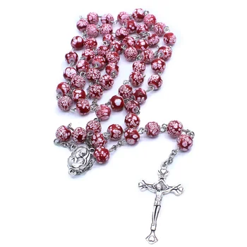 Amazon Hot Sell Jerusalem Catholic Rosary Prayer Necklace Imitating Ceramic Beads Religious Ornaments Cross Necklace