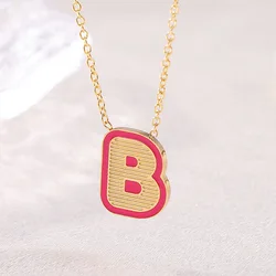 Stainless steel gold plated pink enamel 26 A-Z initial letter necklace for women