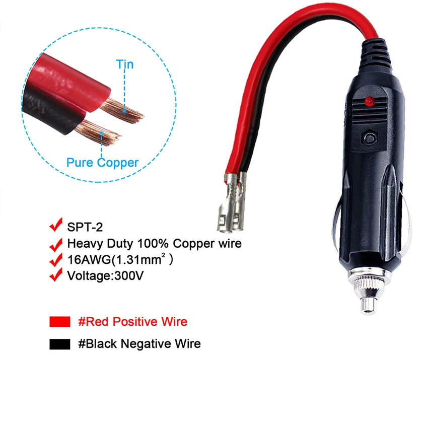 15a Fuse 12v Spt-2 Cable Car Cigarette Lighter Male Plug Tail Wires Terminals Connector Extension Cord