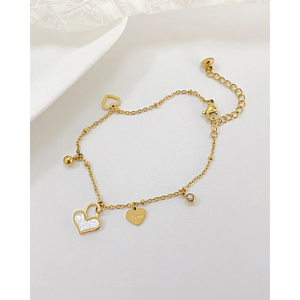 Minimalist Design 18k Gold Plated Sweet Style Love Charm Bracelet Stainless Steel Cubic Zirconia Heart Shell Hollow Out Bracelet