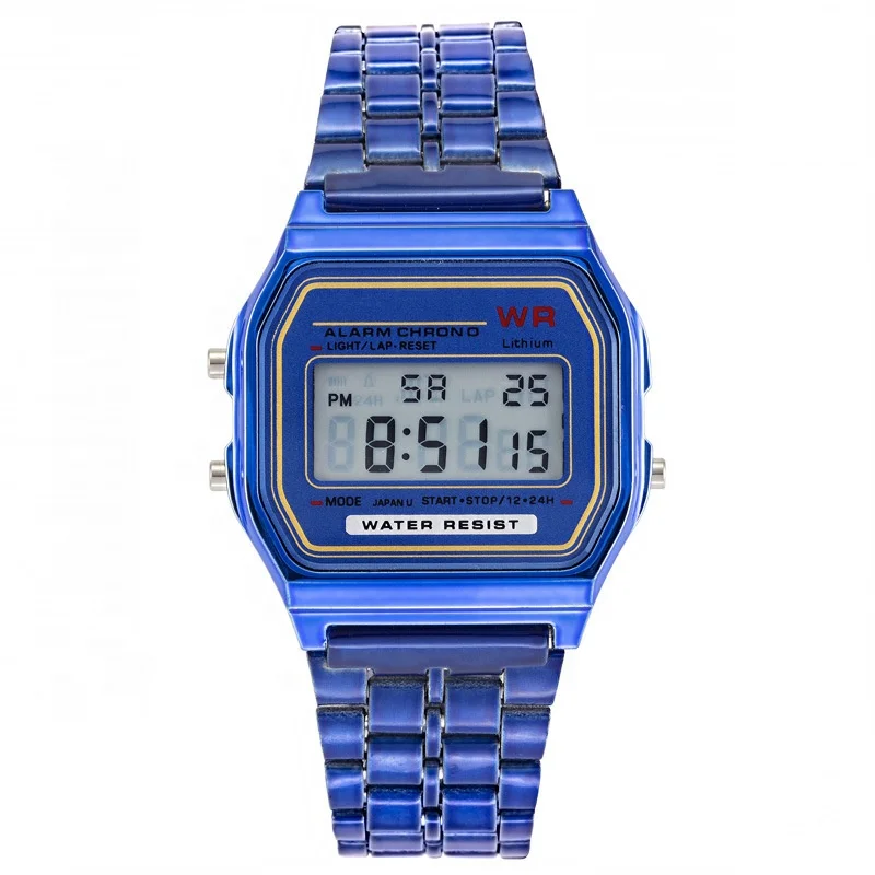 Metallic Plating Chrono LED Watches Stainless Steel Square Multi- Function Digital Watches Men Sports