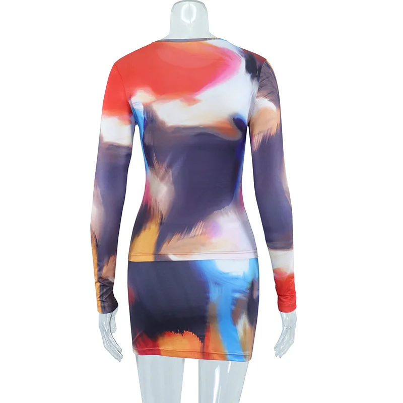 2023 New Arrivals Spring Fall Tie-Dye O-Neck Long Sleeve T-Shirt And Mini Skirt Sexy Two Piece Skirt Set Women