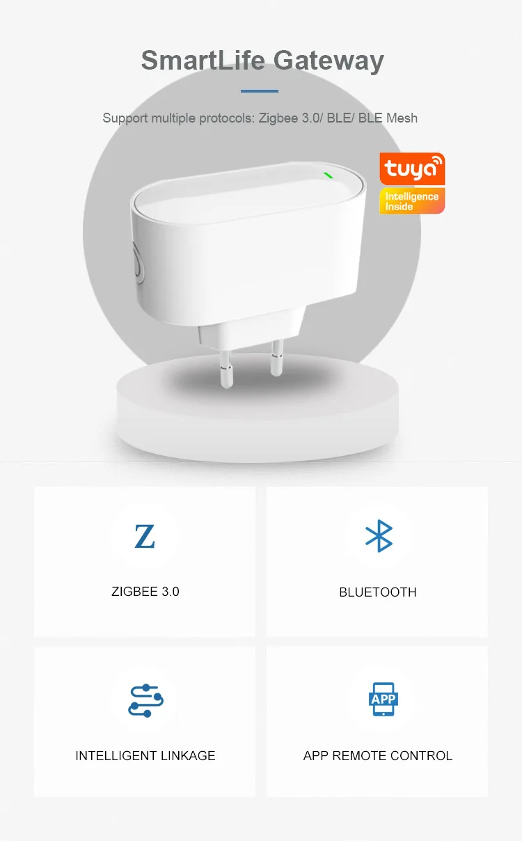 Tuya SmartLife Multi-Protocol Gateway Zigbee 3.0 + for + BLE Mesh Hub Wi-Fi Works Alexa/Google Home EU Plug Devices H822f5a34b81a4c9aadc2c79cac35505en