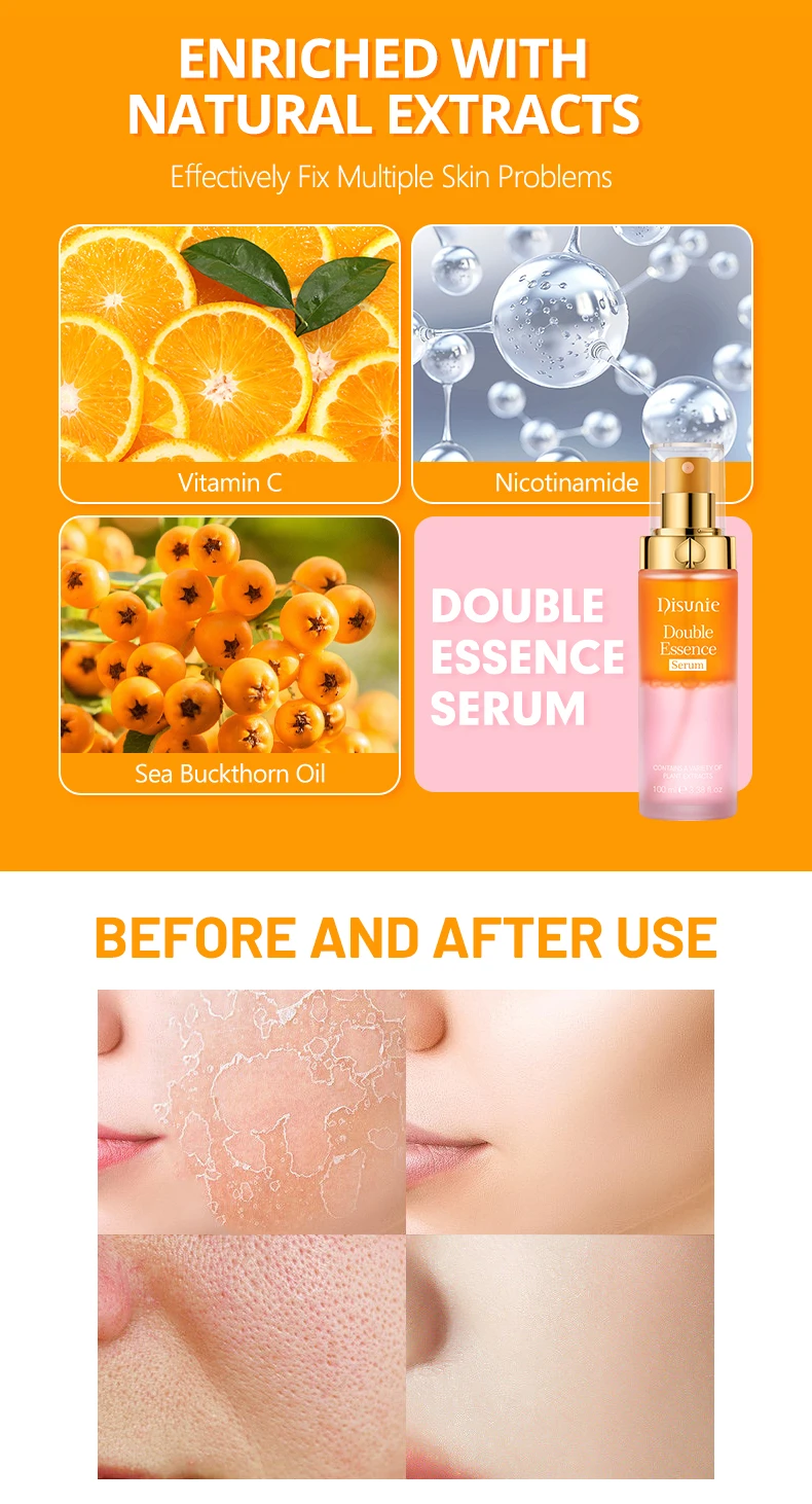 Oem Double Essence Serum Vitamin c & Niacinamide Natural Even Skin Tone Soothing Moisturizing Skin Glow Face Serum