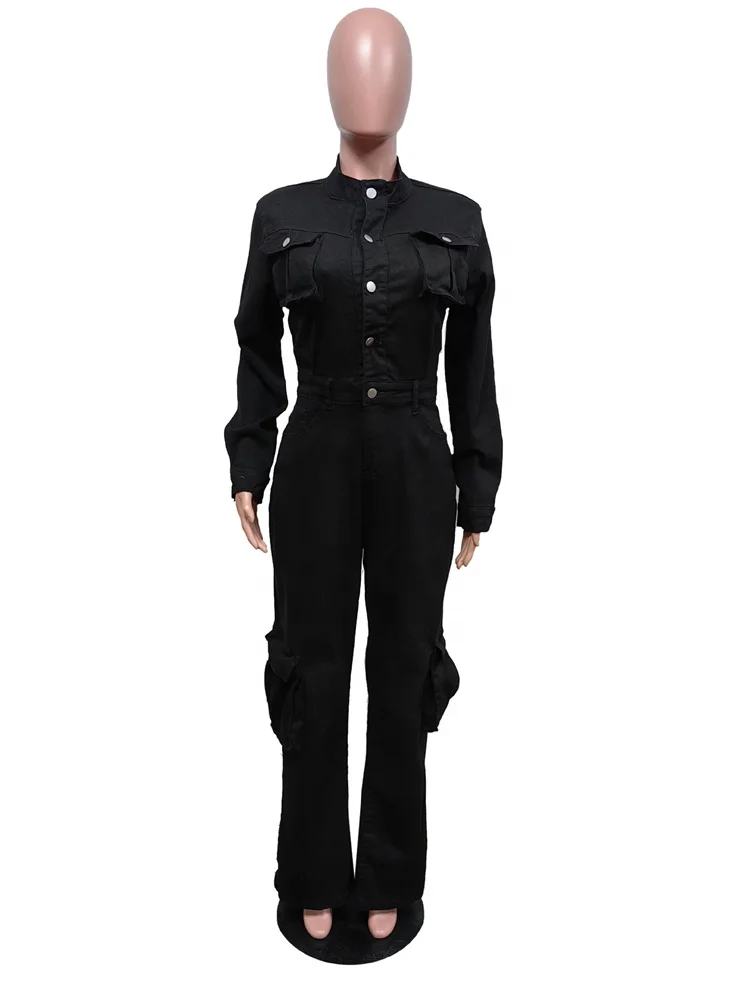 Denim Jumpsuits Women Black Long Sleeve Pocket Front Turn-down Collar Wide Leg Jean Fashion One Piece Jumpsuits