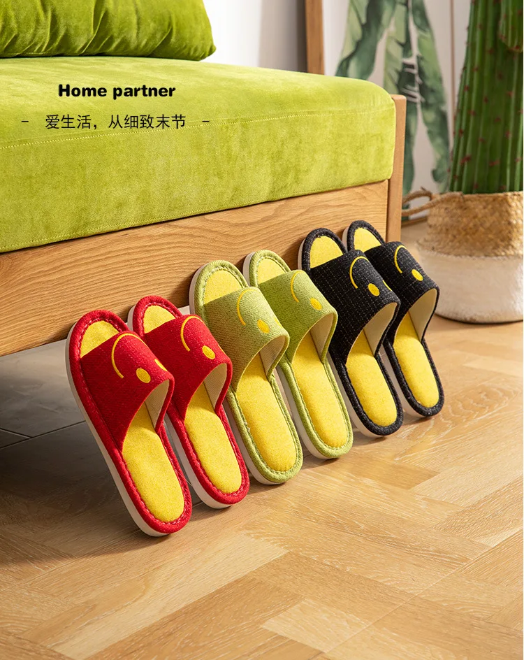 Summer Japanese Smiling Face Linen Home Slippers Women Men Indoor Cotton Warm Shoes