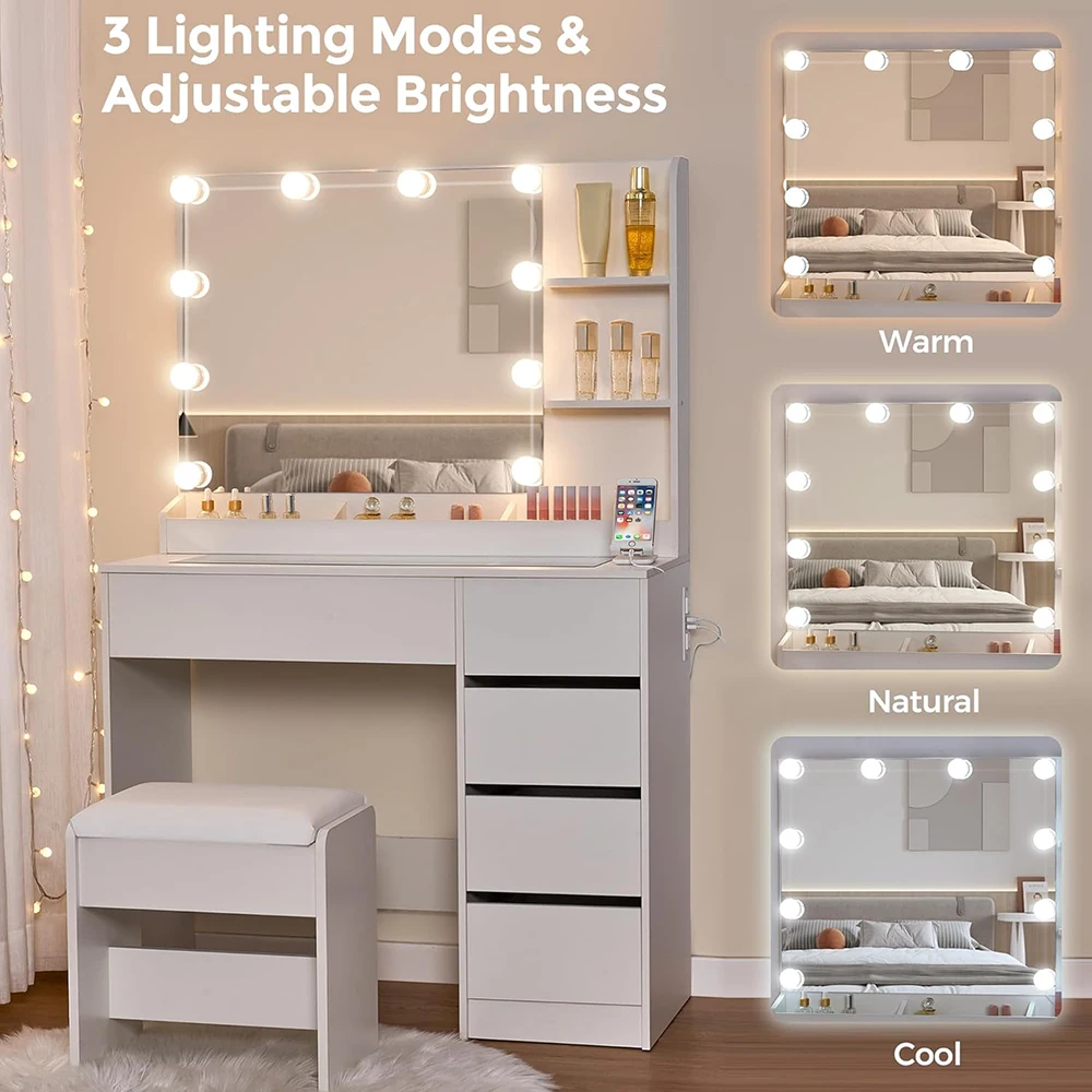 Small Modern 35.4\" Vanity Table Set Lighted Mirror Power Outlet 5 Drawers Shelves 3 Lighting Colors Makeup Vanity Desk Glass supplier