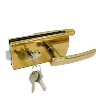 Golden Polish Glass Lever Handle Door Lock Sliding Glass Door Lock Handle Lock Brass Cylinder Brass Keys for 10-12mm Glass Door