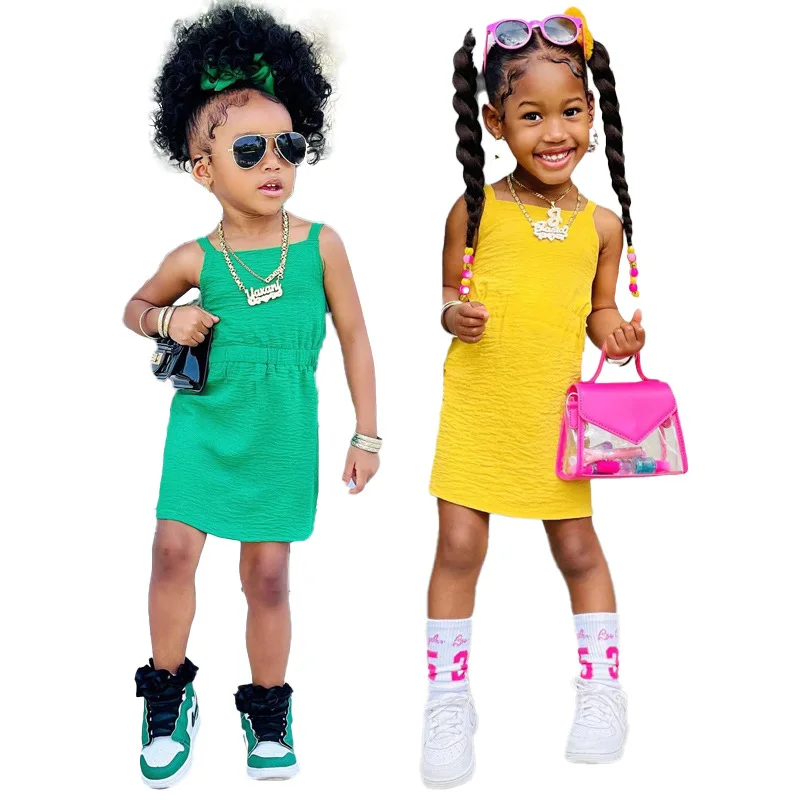 New arrival toddler baby girls dresses solid sleeveless boutique kids clothes summer A-line casual dresses