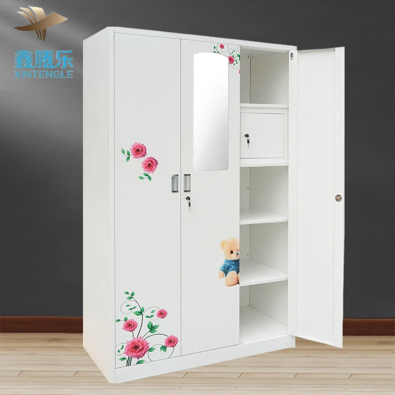 Hot Sale Customized White Color Mirror swing doors modern design pattern transfer metal wardrobe steel almirah