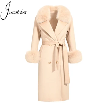 High - end Winter New Cashmere Double - sided Lady Overcoat With Fox Fur Collar Women Wool Coat