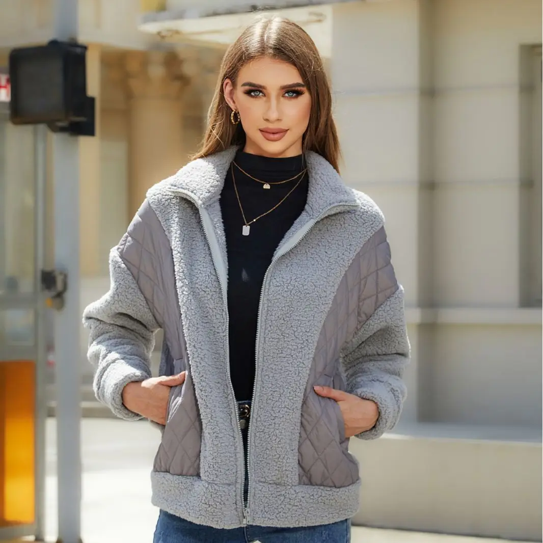 Wholesale 410gsm Fuzzy Fleece Jacket Plaid Pattern Women Clothes Long Coat Flap Pocket Thick Warm Full Zip Lapel Coat Outerwear