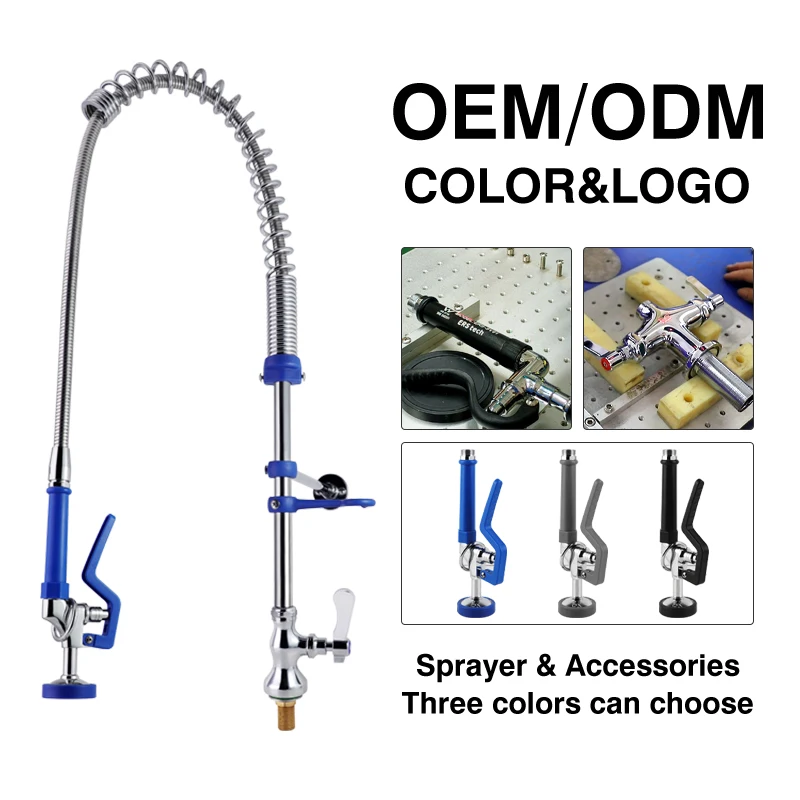 High Quality Chrome Commercial Pre Rinse Spring Pull Down Two Handle Kitchen Faucet with Sink Taps Deck Mount Swivel Faucets factory