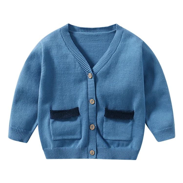 Guangzhou wholesale simple casual knit sweater custom blue comfortable and soft Autumn Winter kids baby cardigan sweater