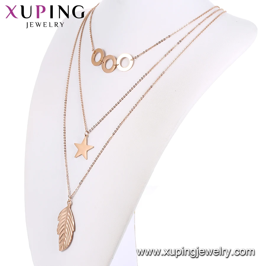 Necklace -00945 Xu ping jewelry Leaf pendant rose gold triple chain unique design stainless steel lady necklace