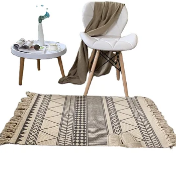 wholesale black and white handmade tassel carpets and rugs cotton and linen geometric design woven mat