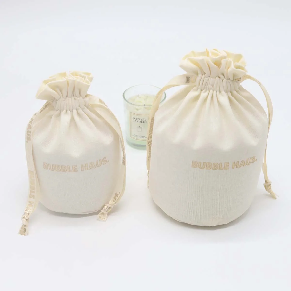 Custom Gold Logo Round Bottom Cotton Linen Candle Packaging Dust Gift Bag Organic Cotton Candle Pouch