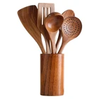 Kitchen Kitchen Farmhouse Restaurants 6pcs Natural Wood Cooking Kitchen Wooden Utensil Set With Holder