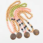 Beads Artificial Wood Beads Monogram Engrave Disc Pendant Necklace