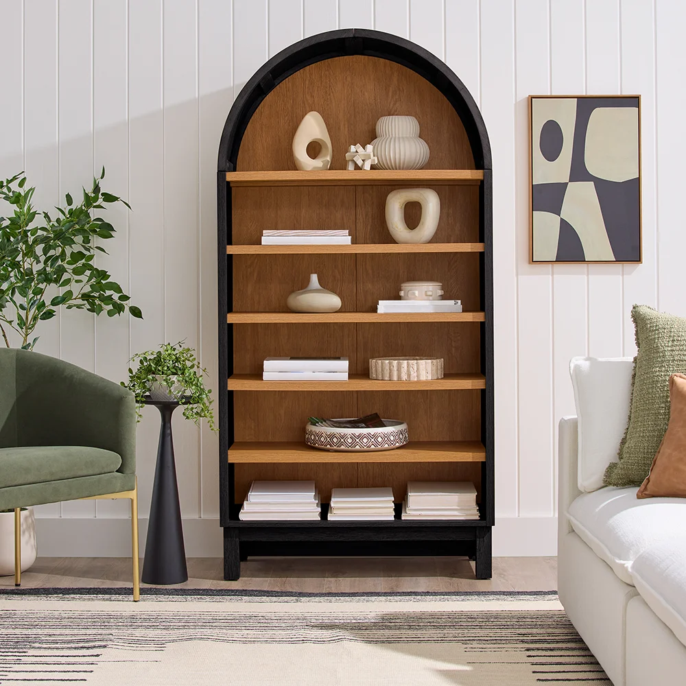 Rich Black and Light Honey Open Arched Top 6-Tier Wood Bookcase with 3 Adjustable and 2 Fixed Shelves details