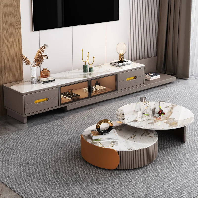 Modern Light Luxury Rock Slab Coffee Table TV Cabinet Combination Living Room Retractable Simple TV Stand Storage Floor Cabinet