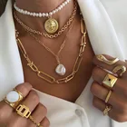Barlaycs 2021 New Arrival Vintage Baroque Style Pearl Pendant Clavicle Chain Multi-layered Coin Necklace for Women