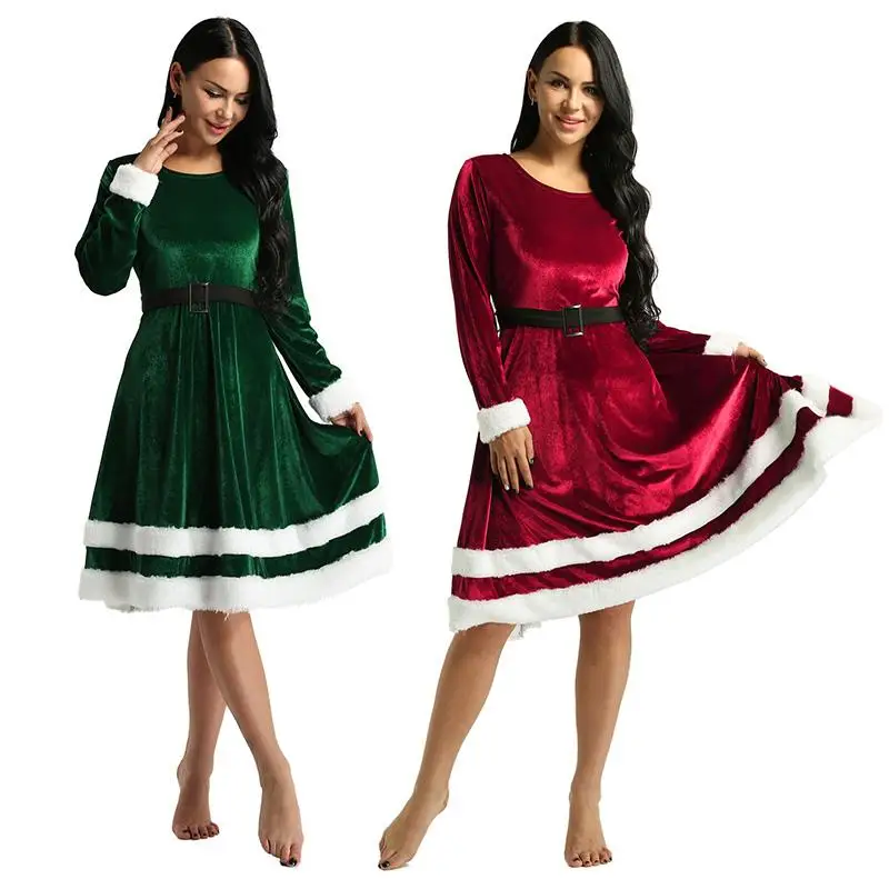 Womens Ladies Soft Velvet Scoop Neck Long Sleeves Mrs Santa Claus Costume Adults Christmas Velvet Dress