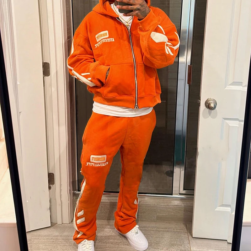 Acid Washed Streetwear Breathable Zipper Hoodie Flared Sweatpants Tracksuit Set Spring Perfect Match Acid Wash Distress Patch manufacture