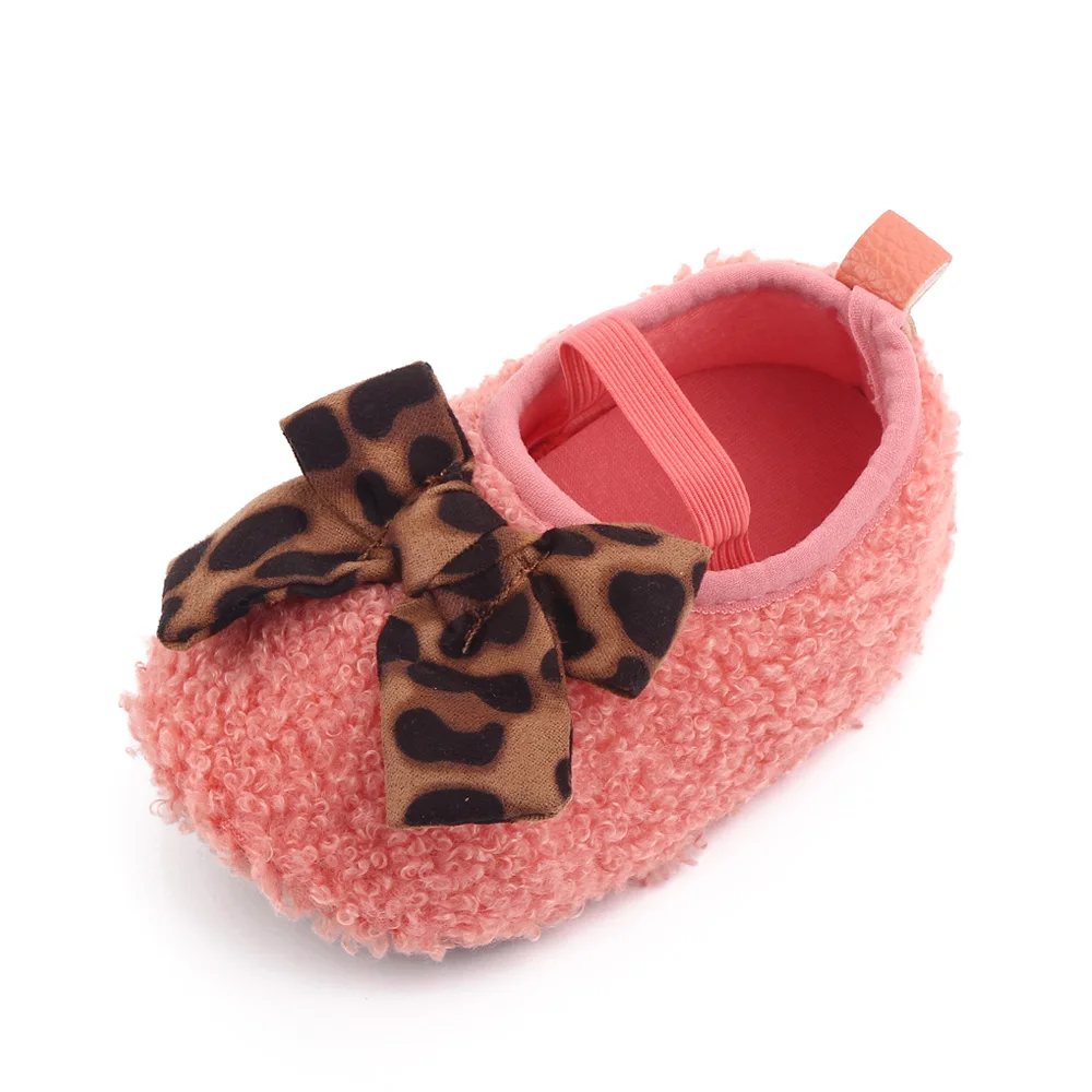 0-1 Year Old Infants Foot Set Solid Color Teddy Velvet Leopard Bow Baby Girls Cute Soft Soled Toddler Shoes supplier