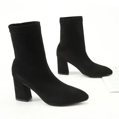 Fashion Autumn Ankle Elastic Sock Boots Chunky High Heels Stretch Women Sexy Booties Pointed Toe Women Pump