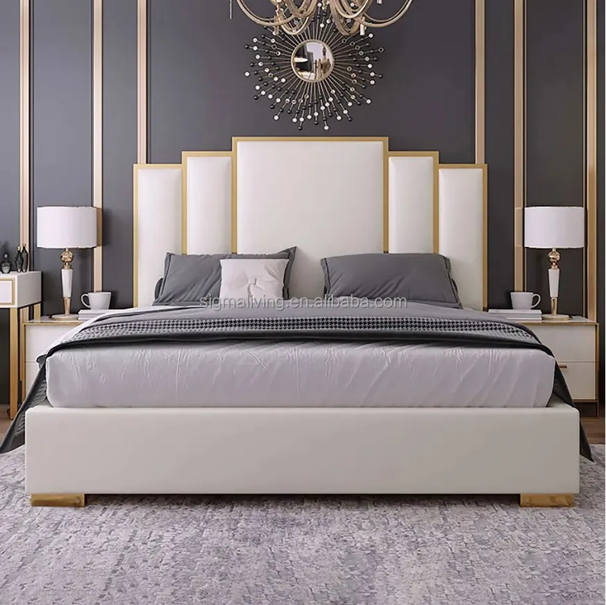 Modern white geometric headboard included faux leather queen upholstered bed