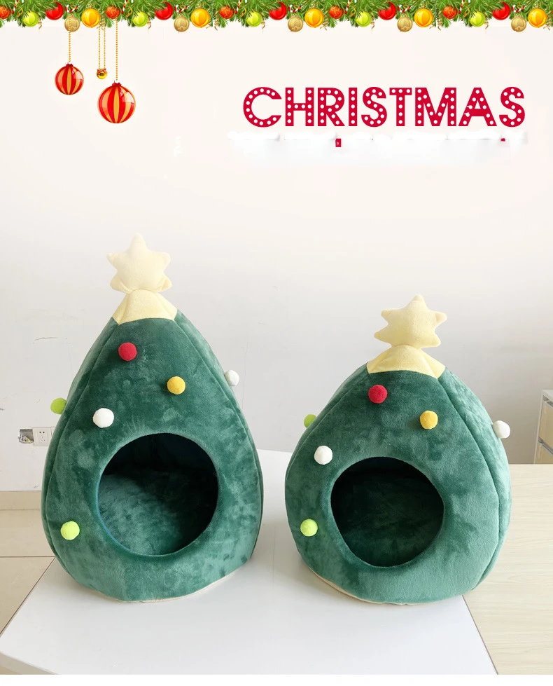Merry Christmas Pet Supplies Winter Cat Tent High Quality Christmas Cartoon Tree Warming House with Mat Christmas Tree Gift Bed manufacture