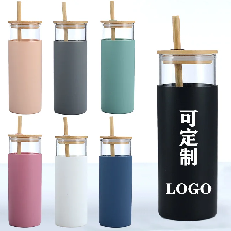 Eco Friendly Reusable Glass Cups Beer Juice Can Glasses Cup Silicone protective sleeve with Bamboo Lid and Straw