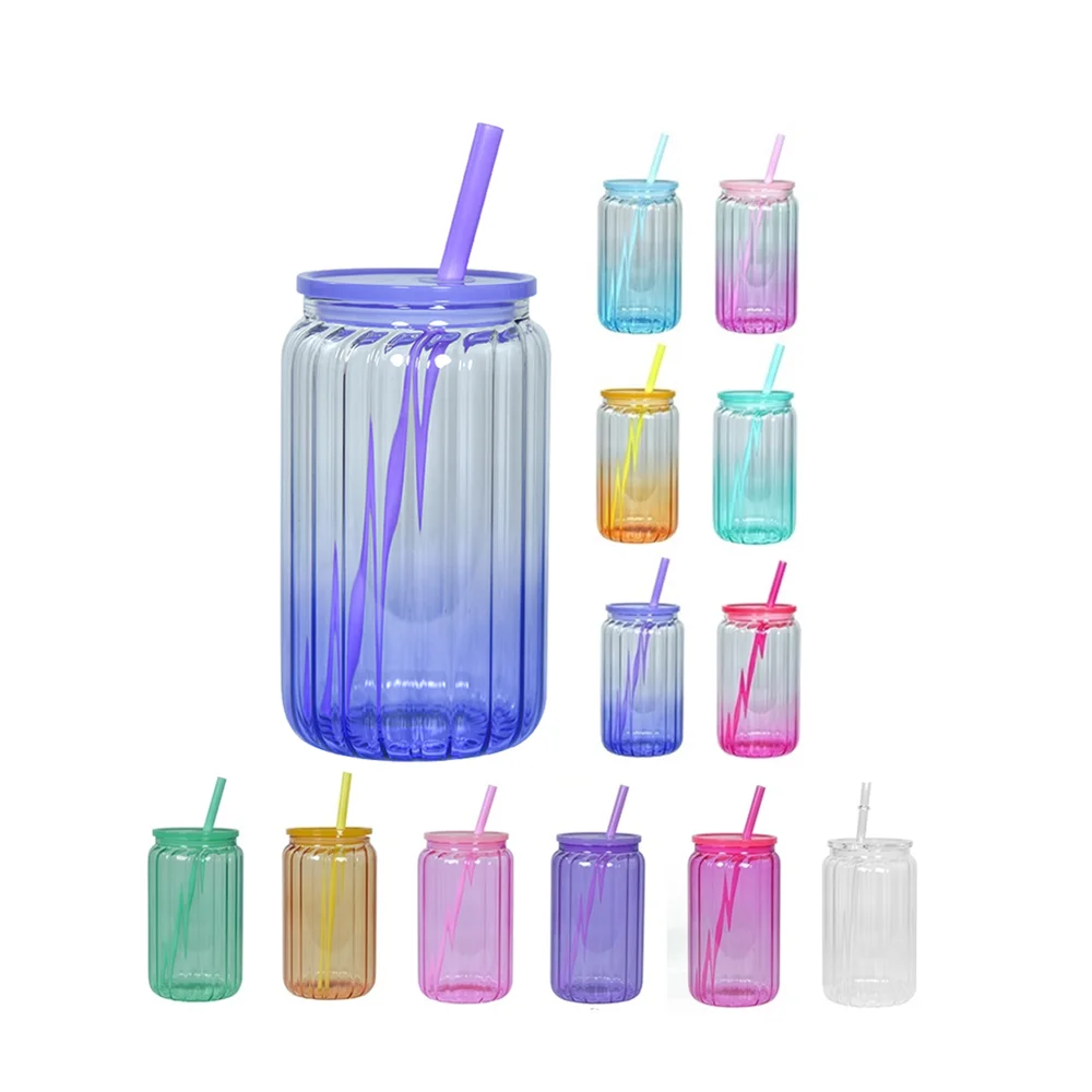 2024 NEWEST Sublimation vertical stripes glass cans 16oz transparent jelly ombre glass mug jars with PP lid and color straw