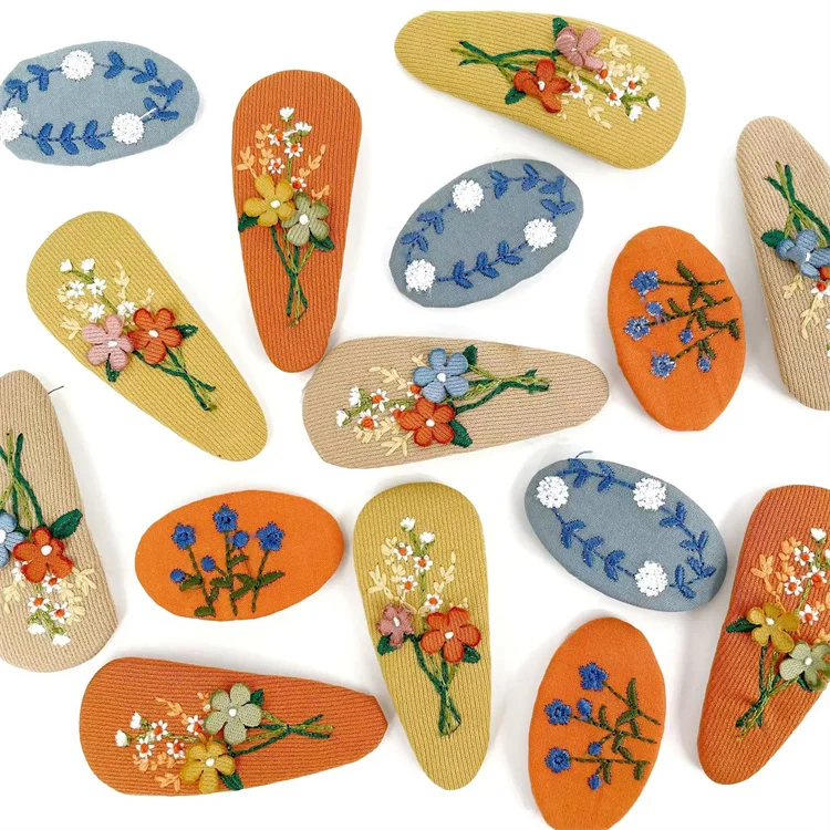 Hot Selling Embroidery Fabric Waterdrop Hair Clips Floral Hairpin Hair Grips For Children Baby