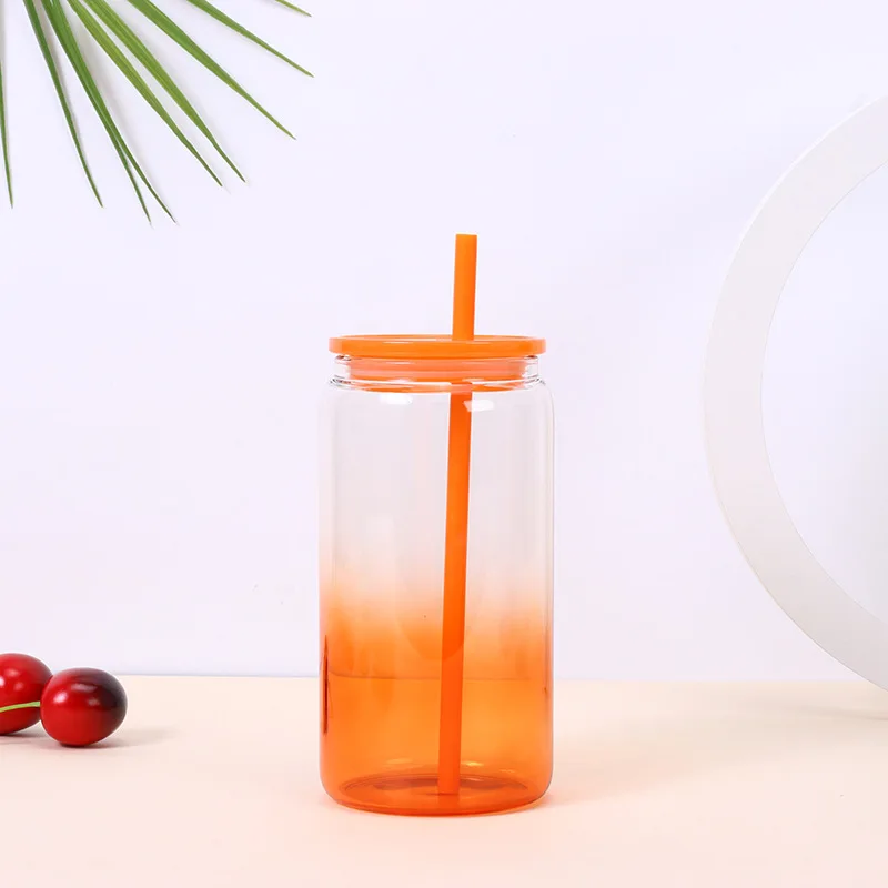 Wholesale Heat Sublimation Straw Glass 16oz Gradient Dazzle water Cup Colorful PP Lids and Straws