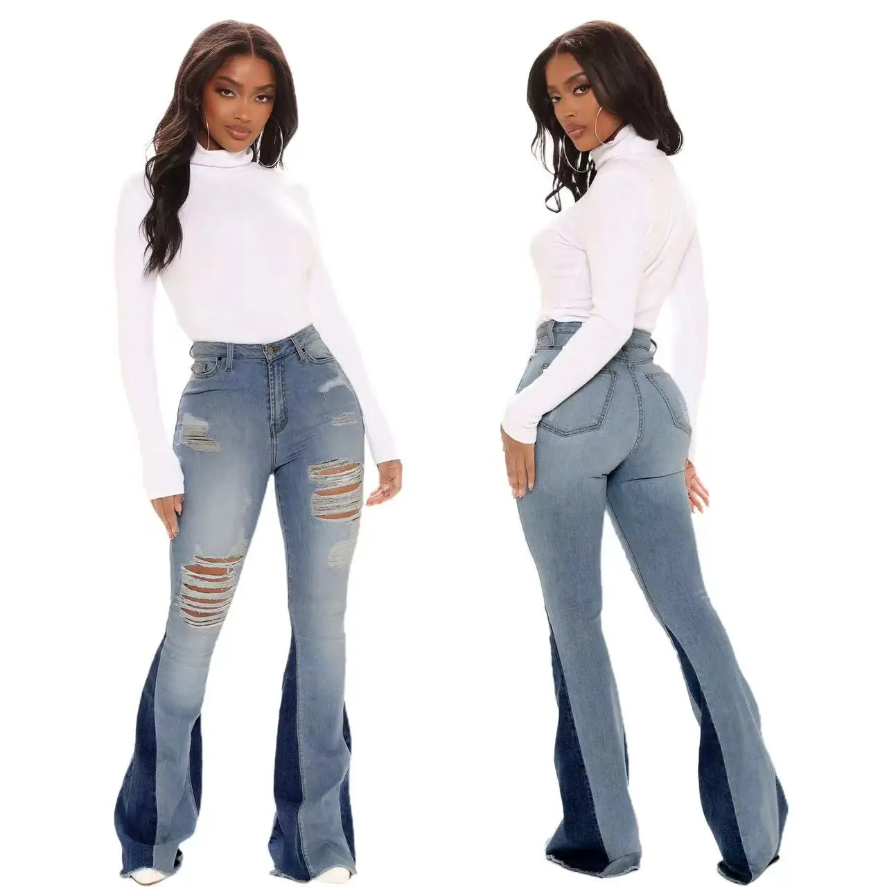 Ju0026h 2022 New Design High Waist Ripped Bell Bottom Jeans Ladies Elegance  Flared Denim Pants Fashion Summer Trousers - Buy Hollow Out Ripped Bell  Bottom Jeans For Ladies,Pantalon Jean Femm Sexy,Ladies Elegance