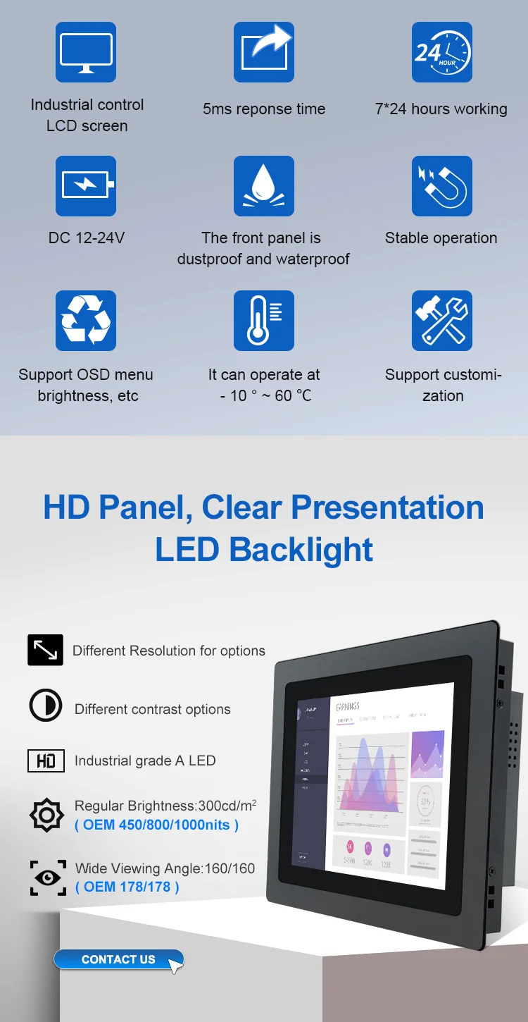 21.5 Inch IPS 1920*1080 Industrial Monitor HD-MI VGA Industrial LCD Display Metal Aluminum TFT Embedded Pure Flat OEM ODM Screen