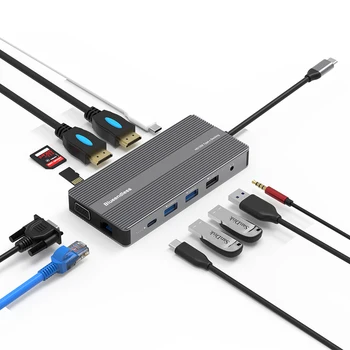 12 Ports Usb C Hub HDTV 4K Docking Station With RJ45 Ethernet 1080p VGA PD charging Card Reader Type-C Adapter 12 in 1 Usb Hub