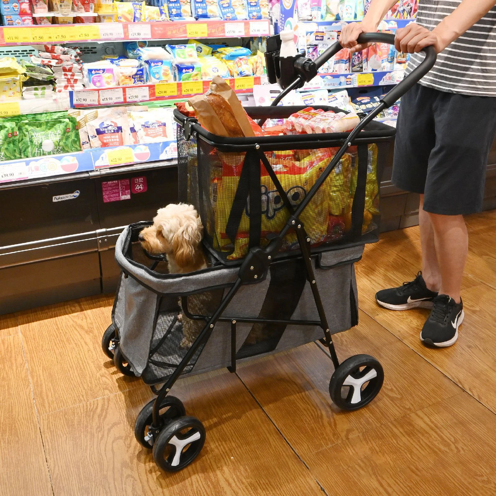 Hot Sale Portable Double Layer Folding Pet Stroller for Outdoor Cats and Dogs Large Capacity Easy to Store Pet Supplies supplier