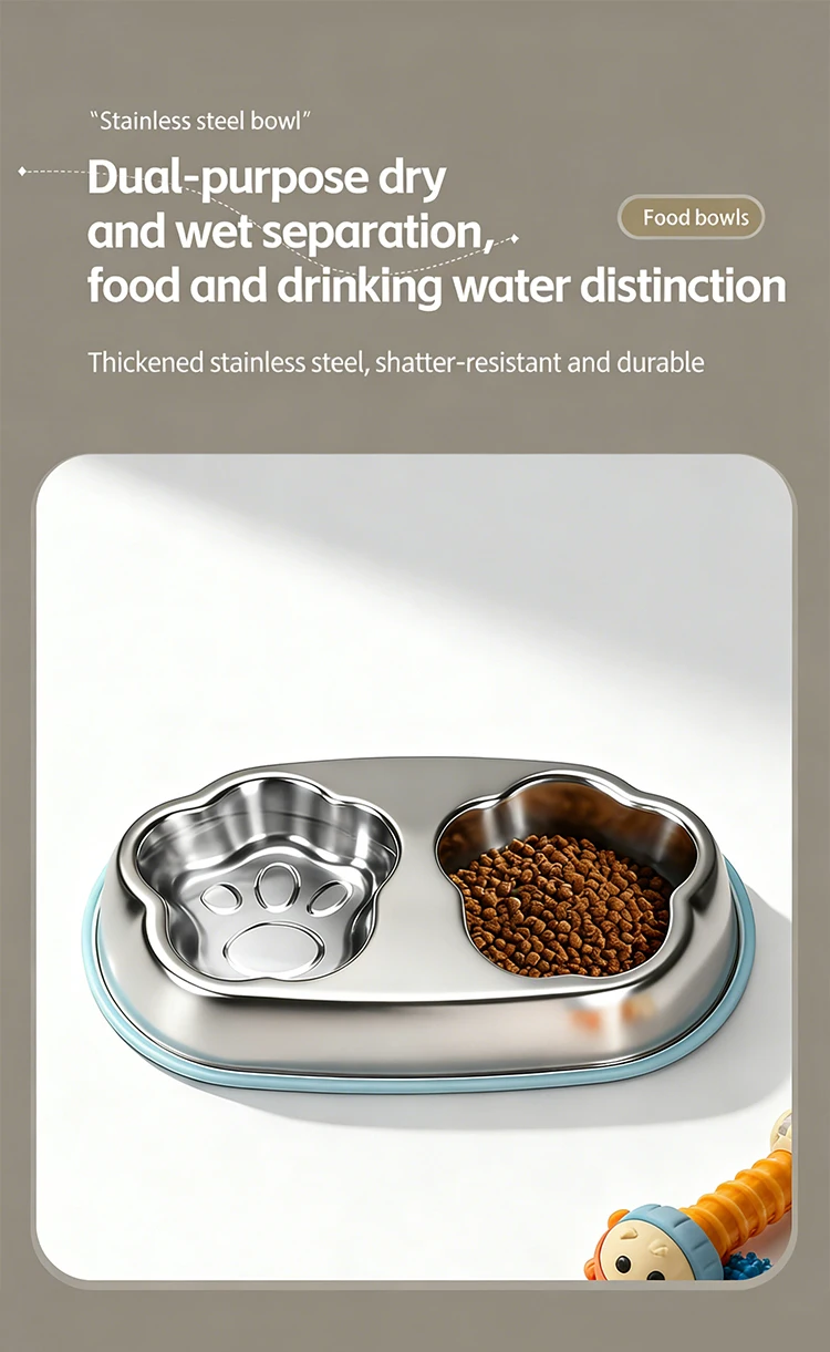 304 Stainless Steel Cute Cat Paw Shaped Pet Slow Feeder Bowl Double Bowl for Food and Water Anti Slip Anti Tipping Easy to Clean factory