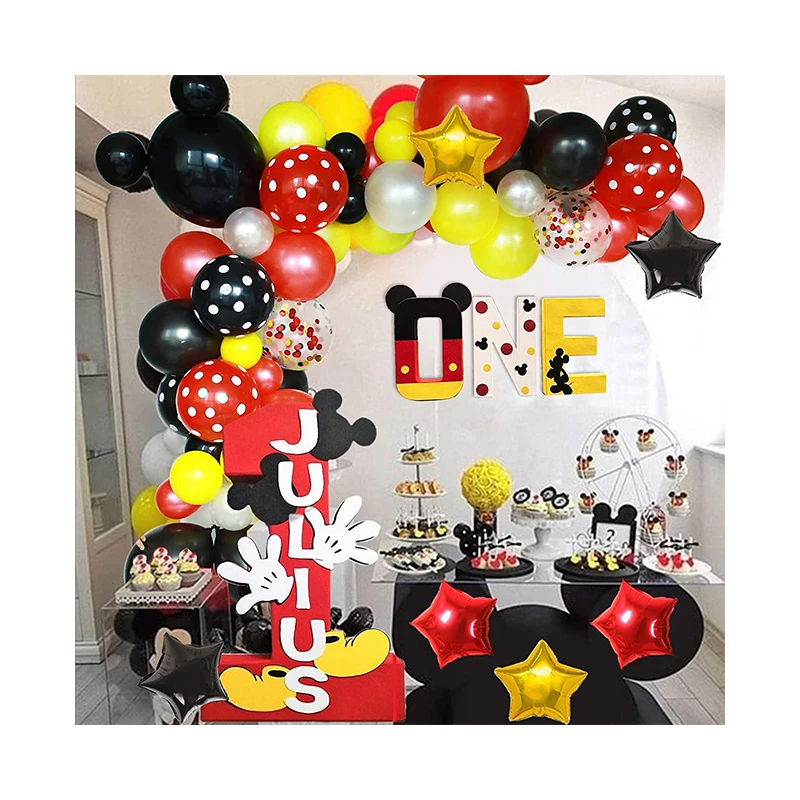 Foil Confetti Black Red Yellow Latex Balloons with Happy Birthday Banner for Mickey Theme Birthday Party Supplies Decorations with 4 Balloon Tools Cartoon Mouse Birthday Balloons Arch Garland Kit 