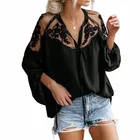 Blouse Embroidered Blouses V-neck Lace Chiffon Embroidered Floral Womens Floral Long Blouse Loose Casual Long Sleeve