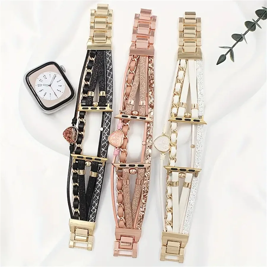 Bohemian Leather Chain Bracelet For iWatch 9/8/7/6 Fashion Luxury Women Heart Diamond Glitter Watch Straps For Apple Watch 49/45