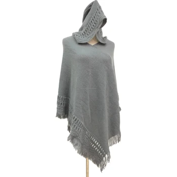 Ladies' Hooded Cape with Fringed Hem, Crochet Poncho Knitting Patterns for Women Winter Shawl Scarf
