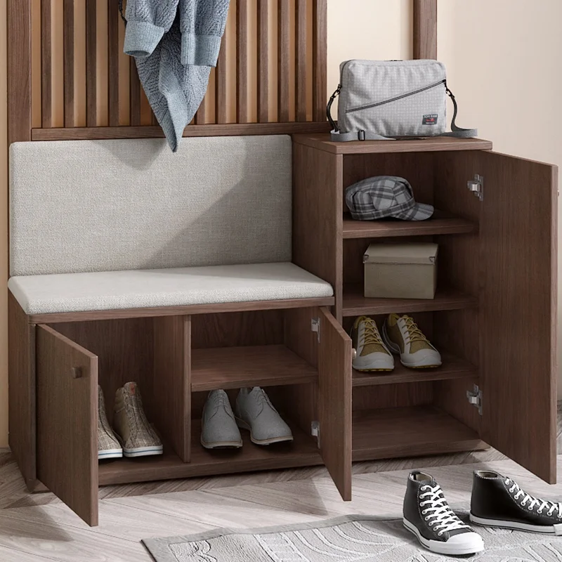 Modern Walnut Wood Coat Rack Design Living Room Storage Entrance Shoe Cabinet Furniture