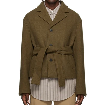 Fashion Men Winter Long Sleeve Three Button Welt Pockets Detachable Belt Cropped Brushed Tweed Jacket