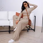 Pure Color Casual Long Sleeve Turtleneck Crop Top And Pants Set Women 2 Piece Crop Top Jogger Set