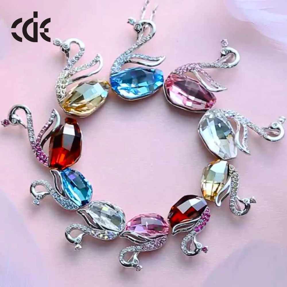 CDE YP0058 Romantic Crystal Jewelry 925 Sterling Silver Swan Necklaces Cute Animal Jewellery Rhodium Plated Pink Swan Necklace